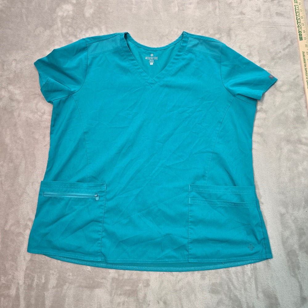 Med Couture Touch Scrub Top Teal Blue V-Neck Zipper Pocket XL